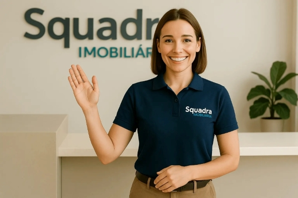 Colaboradora da Squadra Imobiliária acenando